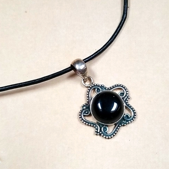 Vintage Onyx 925 Sterling Silver Leather Cord Pendant Necklace - Picture 5 of 15
